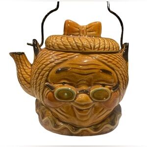 Vintage Teapot Jolly Whimsical Grandma Shape Ceramic Metal Handle Japan